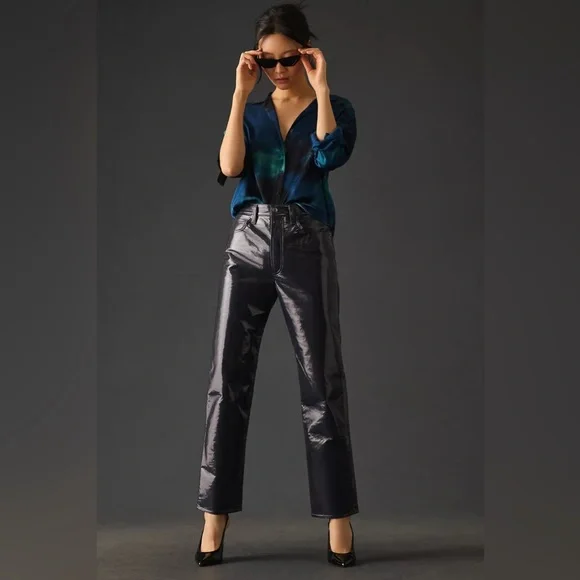 AGOLDE Recycled Leather 90's Pinch Waist Straight Leg Pants in Carbon (32) - Picture 2 of 14